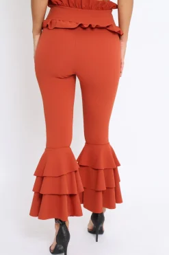 Rebellious Fashion Rust Frill Hem Triple Tiered Frill Hem Trousers - Karla
