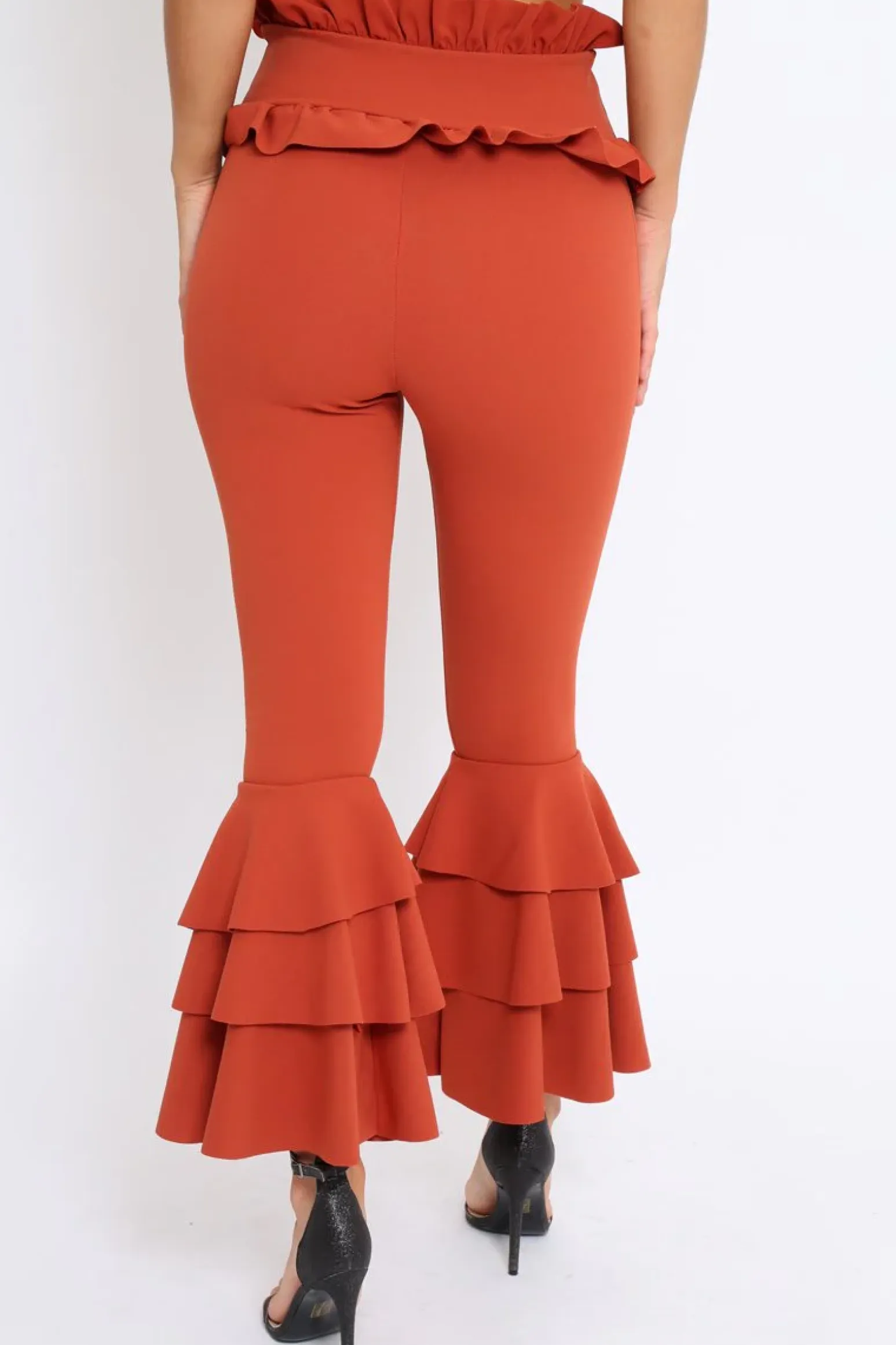 Rebellious Fashion Rust Frill Hem Triple Tiered Frill Hem Trousers - Karla