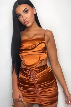 Rebellious Fashion Rust Gathered Front Satin Mini Skirt - Cora