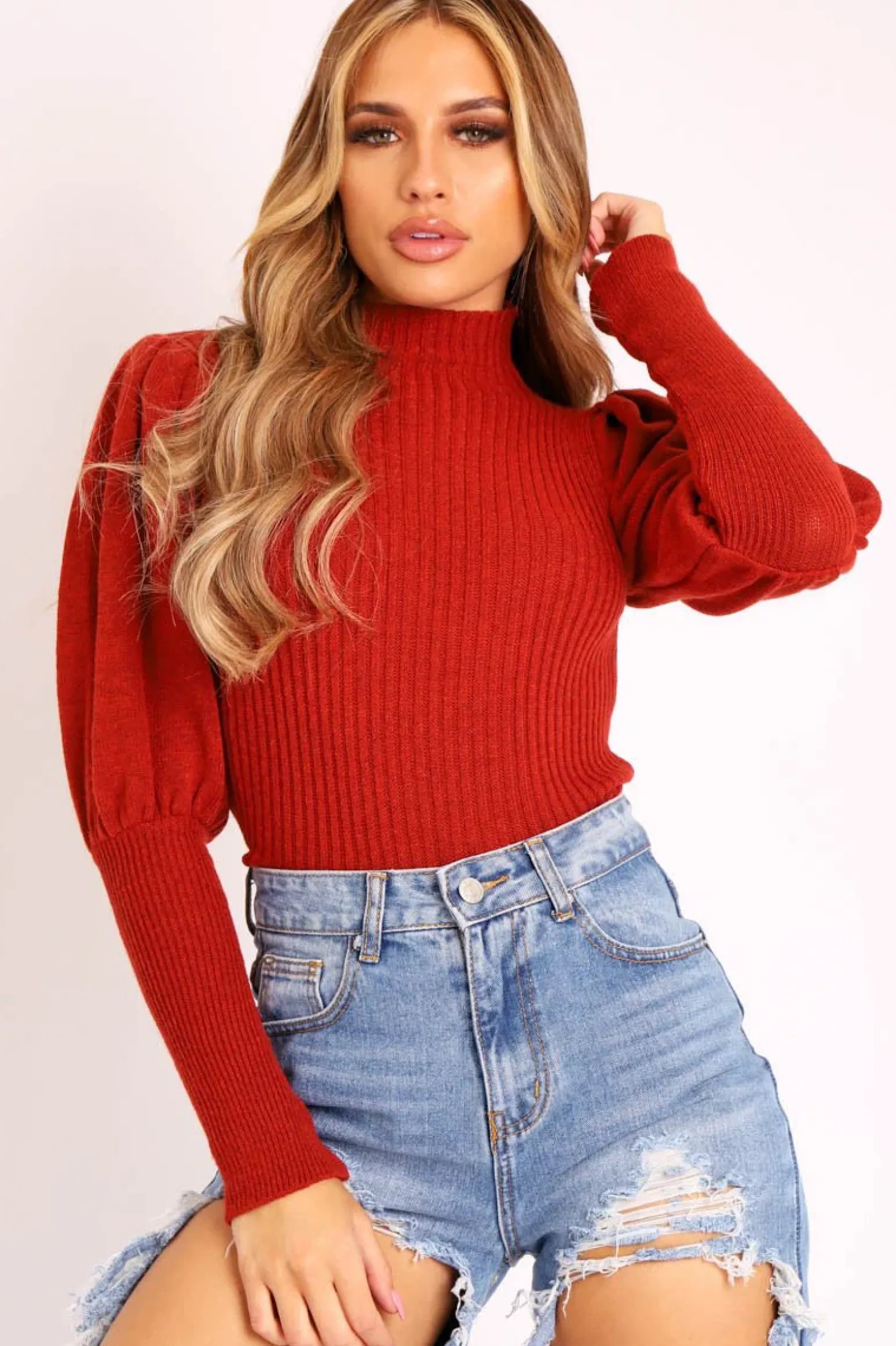 Rebellious Fashion Rust High Neck Balloon Sleeve Jumper - Harriet