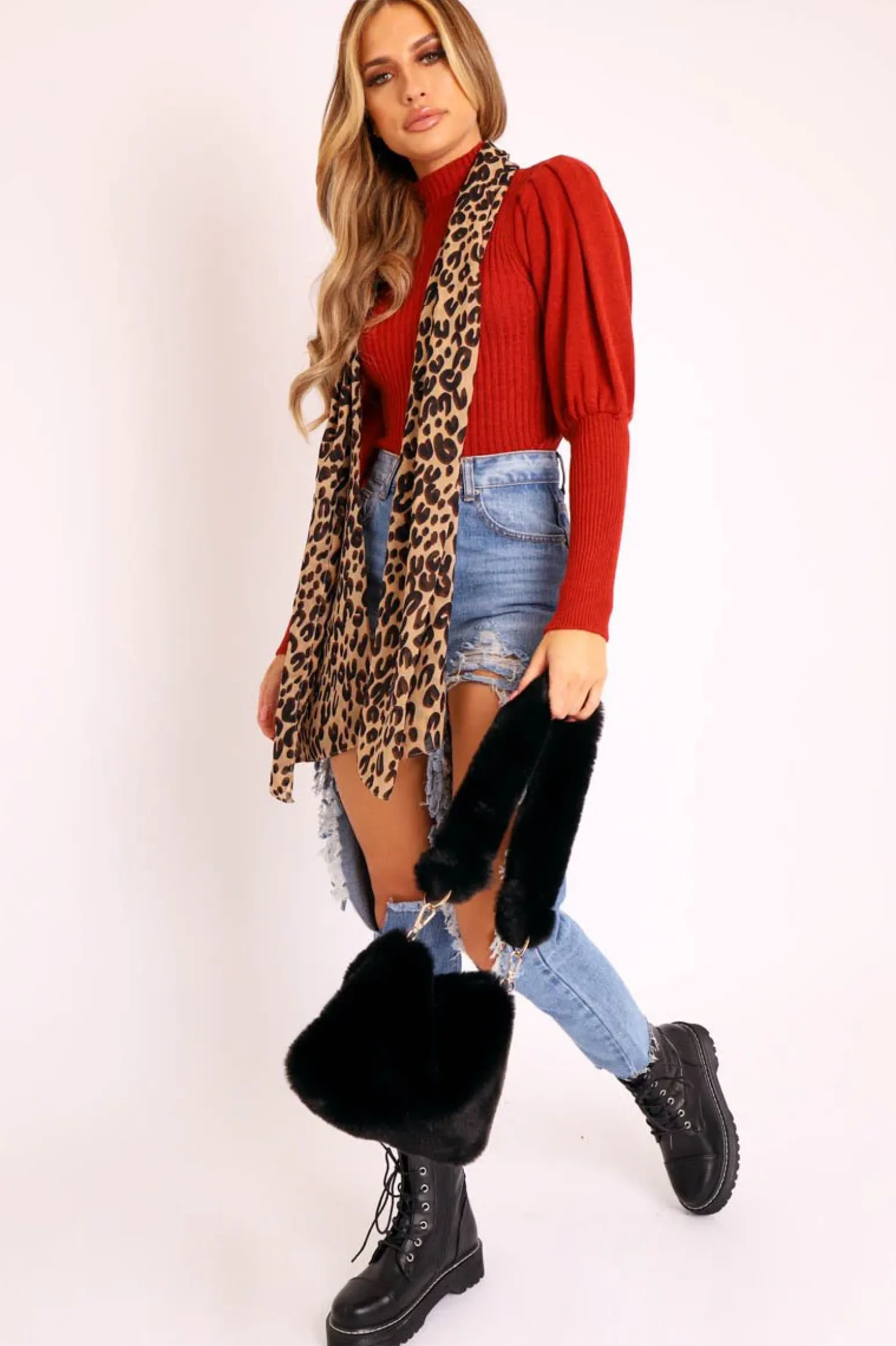 Rebellious Fashion Rust High Neck Balloon Sleeve Jumper - Harriet