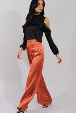 Rebellious Fashion Rust High Waisted Satin Trousers - Alexia