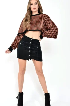 Rebellious Fashion Rust Hounds Tooth Cropped Batwing Jumper - Lizy
