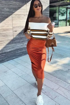 Rebellious Fashion Rust Jacquard Printed Satin Midi Skirt - Taija
