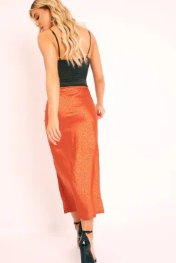 Rebellious Fashion Rust Jacquard Printed Satin Midi Skirt - Taija