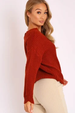 Rebellious Fashion Rust Knitted Scallop Edge Plunge Neckline Jumper - Lylia