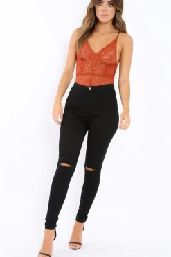 Rebellious Fashion Rust Lace Cross Back Bodysuit - Brogan