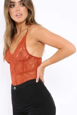 Rebellious Fashion Rust Lace Cross Back Bodysuit - Brogan