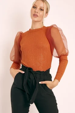 Rebellious Fashion Rust Metallic Puff Sleeve High Neck Top - Blaike