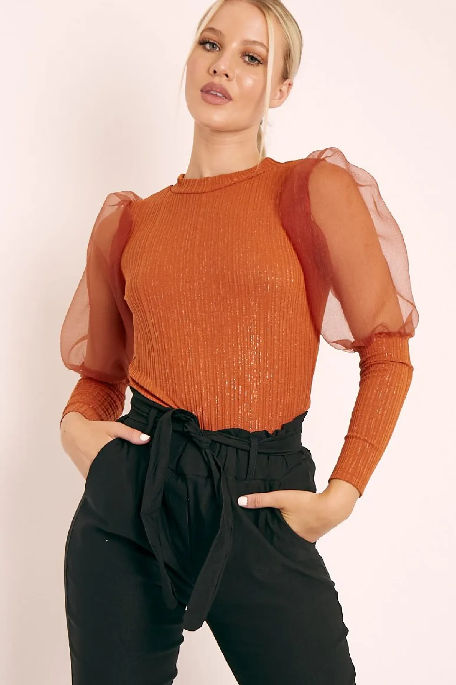 Rebellious Fashion Rust Metallic Puff Sleeve High Neck Top - Blaike