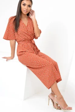 Rebellious Fashion Rust Polka Dot Wrap Culotte Jumpsuit -Juni