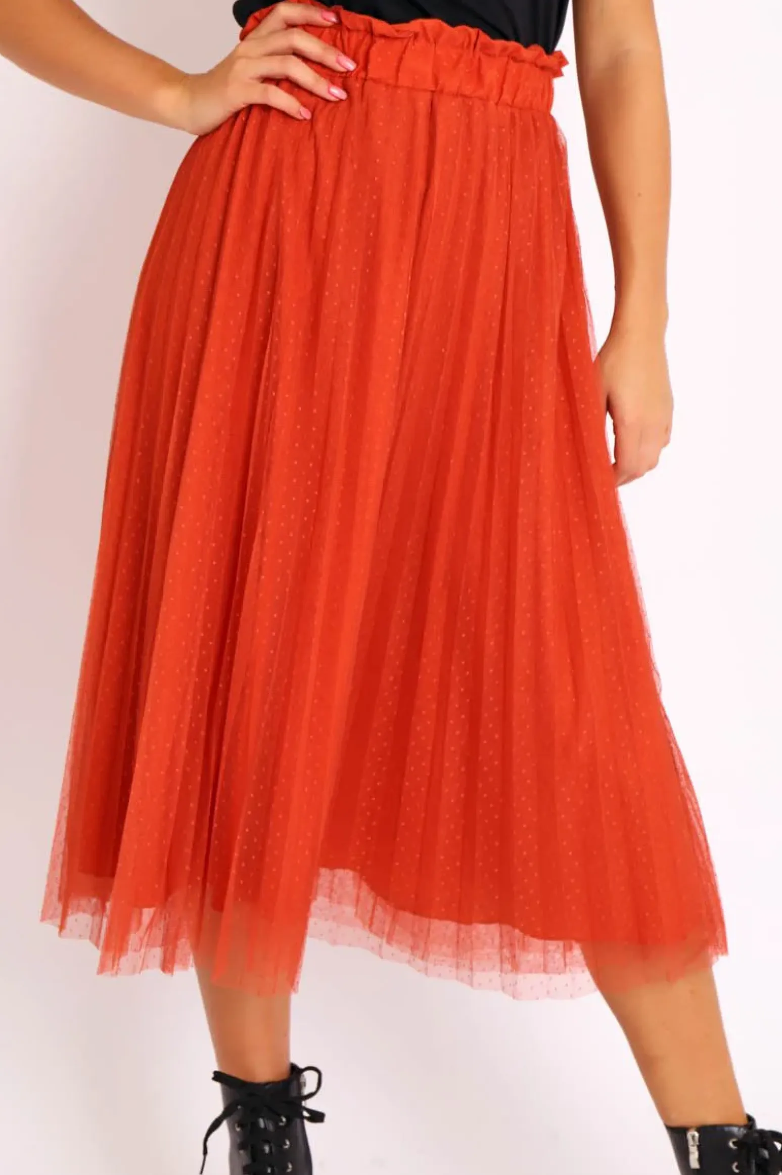 Rebellious Fashion Rust Polka Tulle Pleated Midi Skirt - Soniya