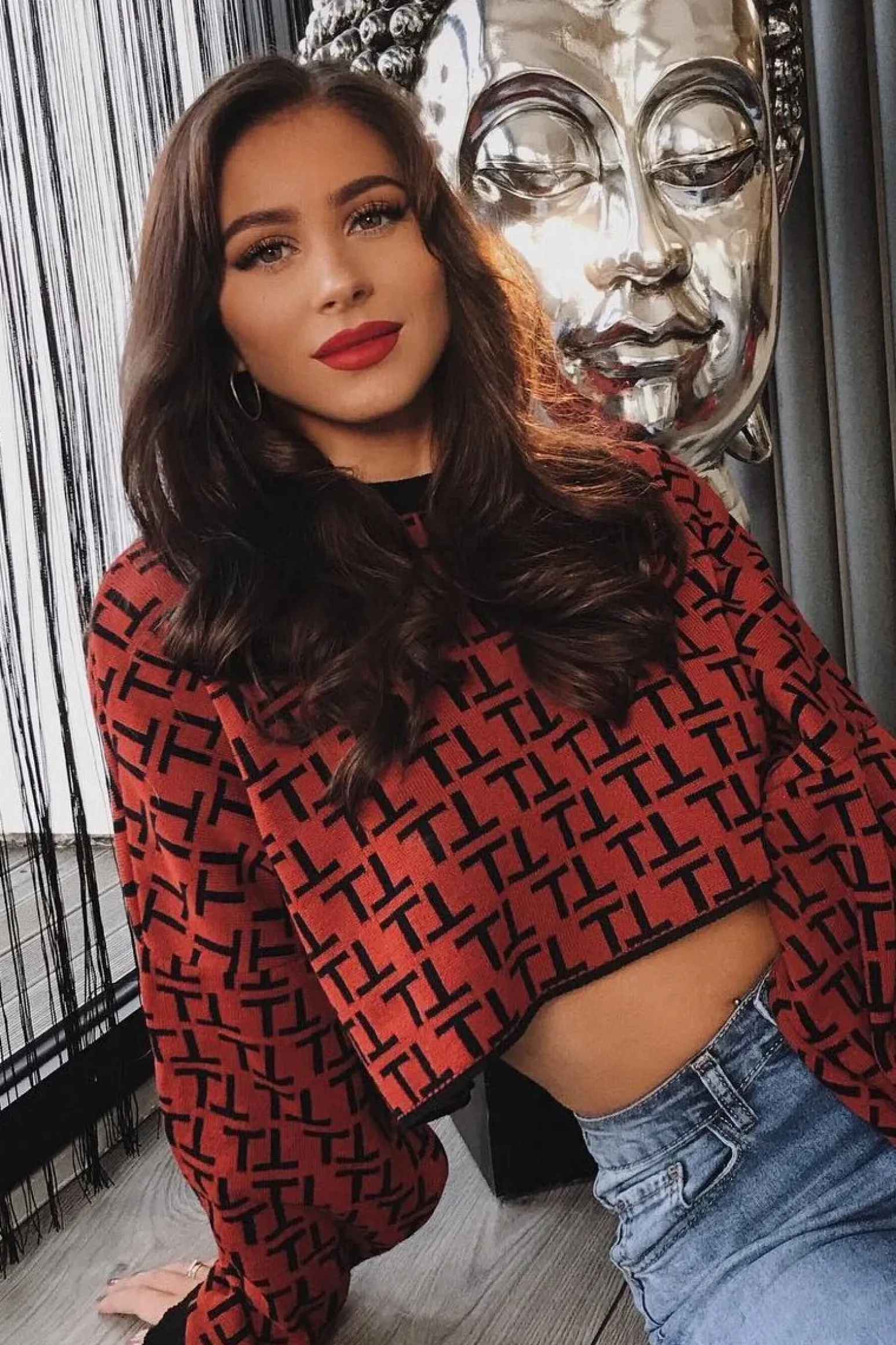 Rebellious Fashion Rust Repeat Print Crop Jumper - Ryhanna