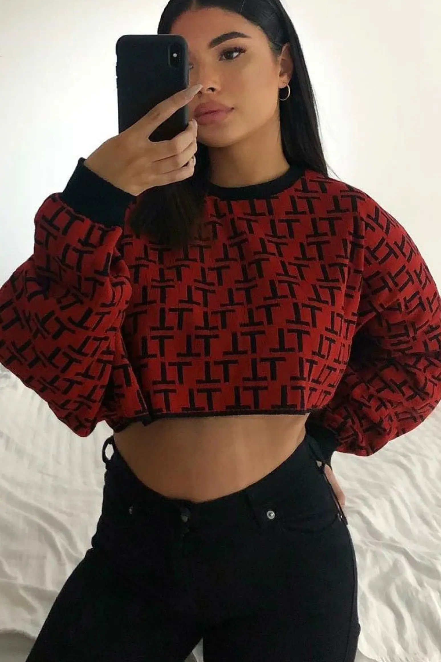 Rebellious Fashion Rust Repeat Print Crop Jumper - Ryhanna