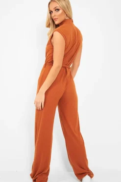 Rebellious Fashion Rust Ribbed High Neck Wide Leg Belted Jumpsuit - Rayden