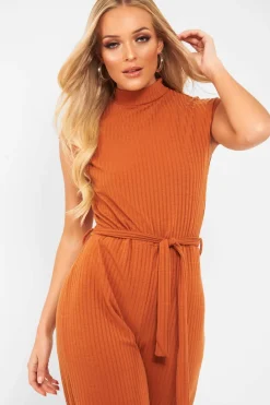 Rebellious Fashion Rust Ribbed High Neck Wide Leg Belted Jumpsuit - Rayden
