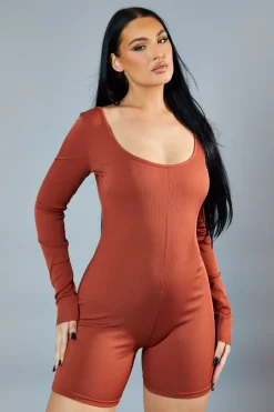 Rebellious Fashion Rust Rib Knit Scoop Neck Unitard - Roohi