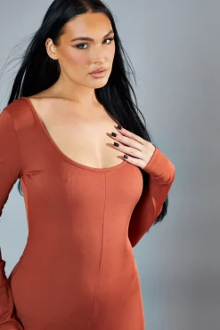 Rebellious Fashion Rust Rib Knit Scoop Neck Unitard - Roohi