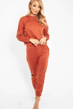 Rebellious Fashion Rust Ripped Knee Cut Out Loungewear Set - Demmi