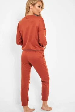 Rebellious Fashion Rust Ripped Knee Cut Out Loungewear Set - Demmi