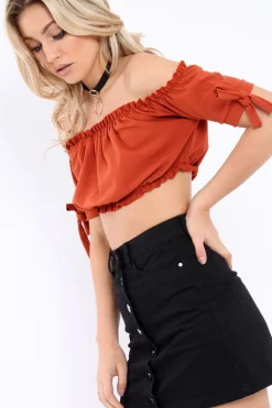 Rebellious Fashion Rust Ruched Bardot Gypsy Crop Top - Janette