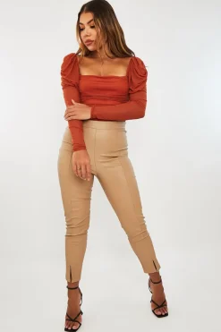 Rebellious Fashion Rust Ruched Body Mesh Sleeve Bodysuit - Raeya