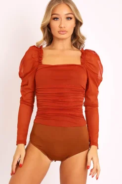 Rebellious Fashion Rust Ruched Body Mesh Sleeve Bodysuit - Amylee