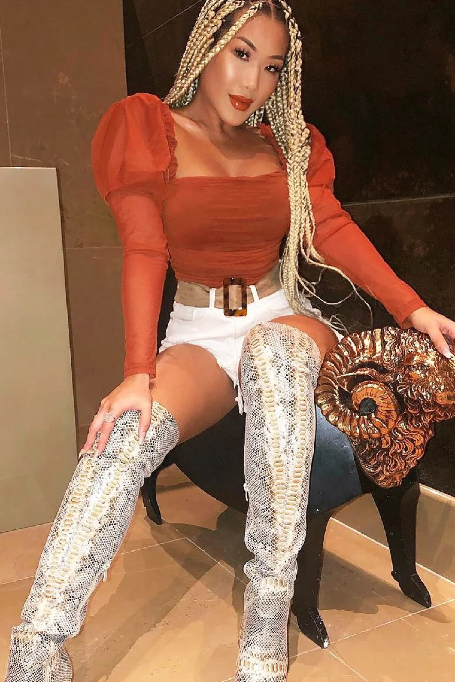 Rebellious Fashion Rust Ruched Body Mesh Sleeve Bodysuit - Amylee