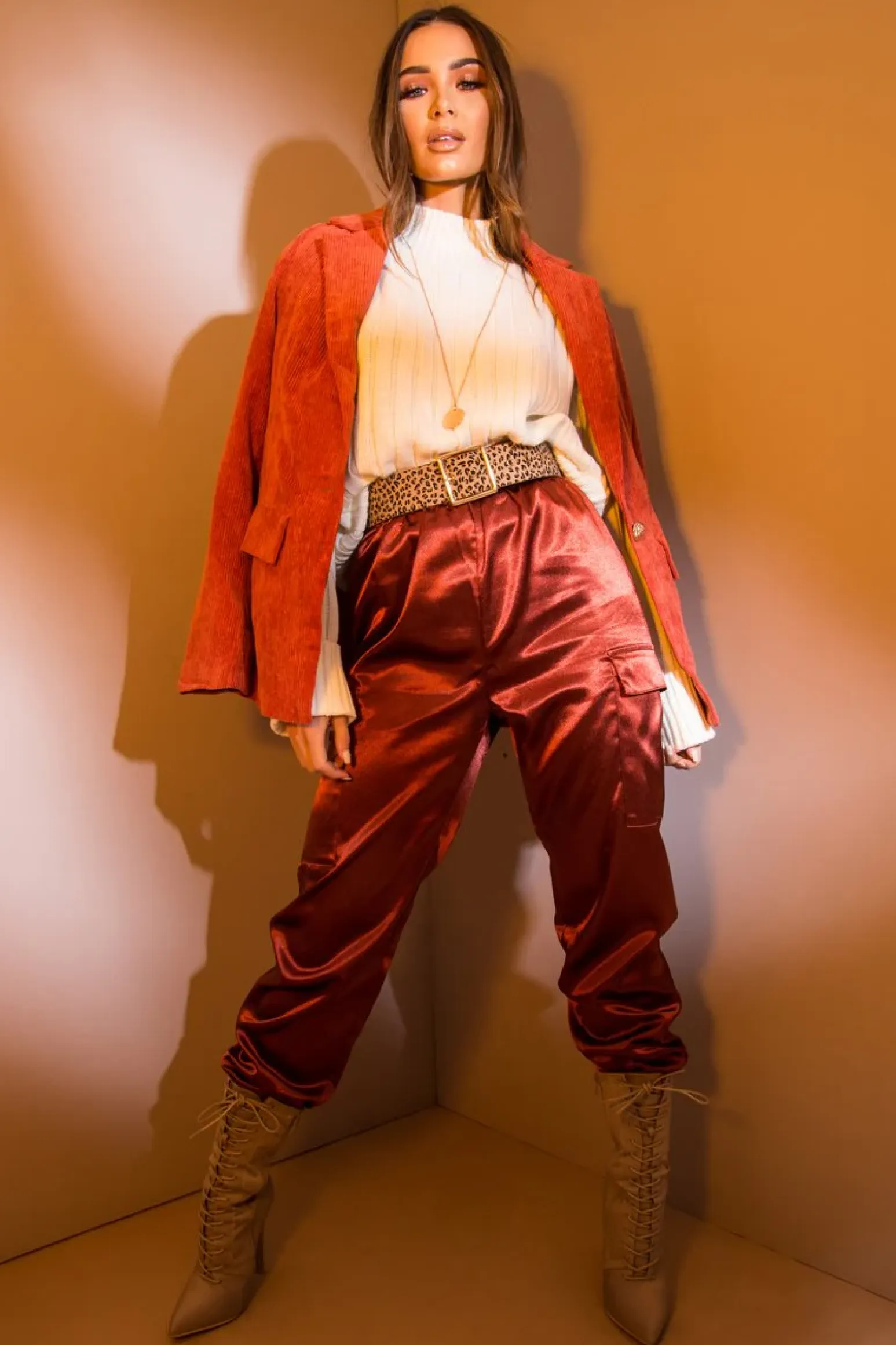 Rebellious Fashion Rust Satin Cargo Trousers - Khyla
