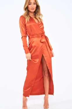 Rebellious Fashion Rust Satin Plunge Wrap Front Maxi Dress - Beni