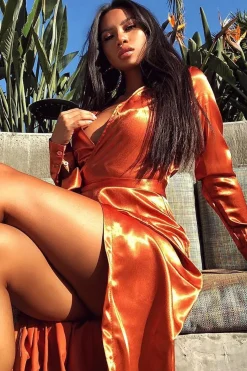 Rebellious Fashion Rust Satin Plunge Wrap Front Maxi Dress - Beni