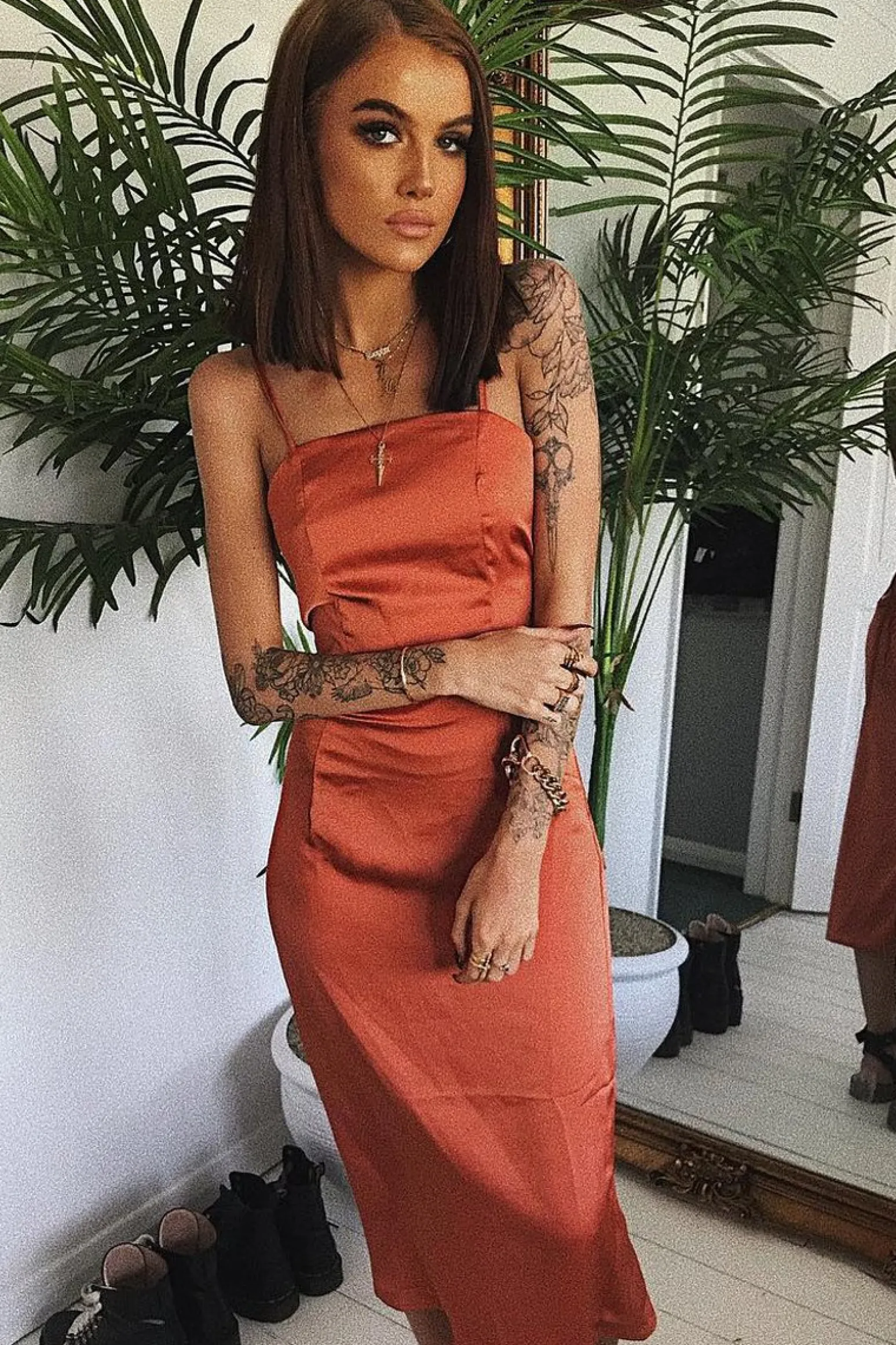 Rebellious Fashion Rust Satin Straight Neck Tie Up Midi Dress - Irina