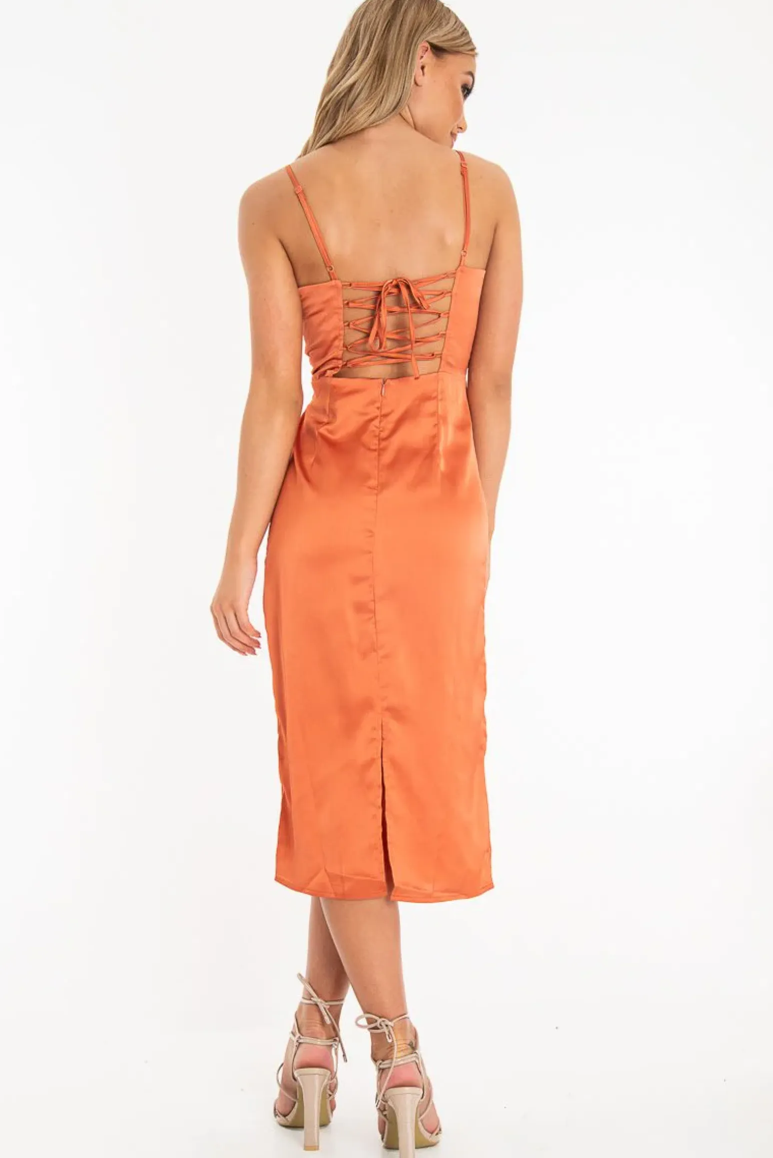 Rebellious Fashion Rust Satin Straight Neck Tie Up Midi Dress - Irina