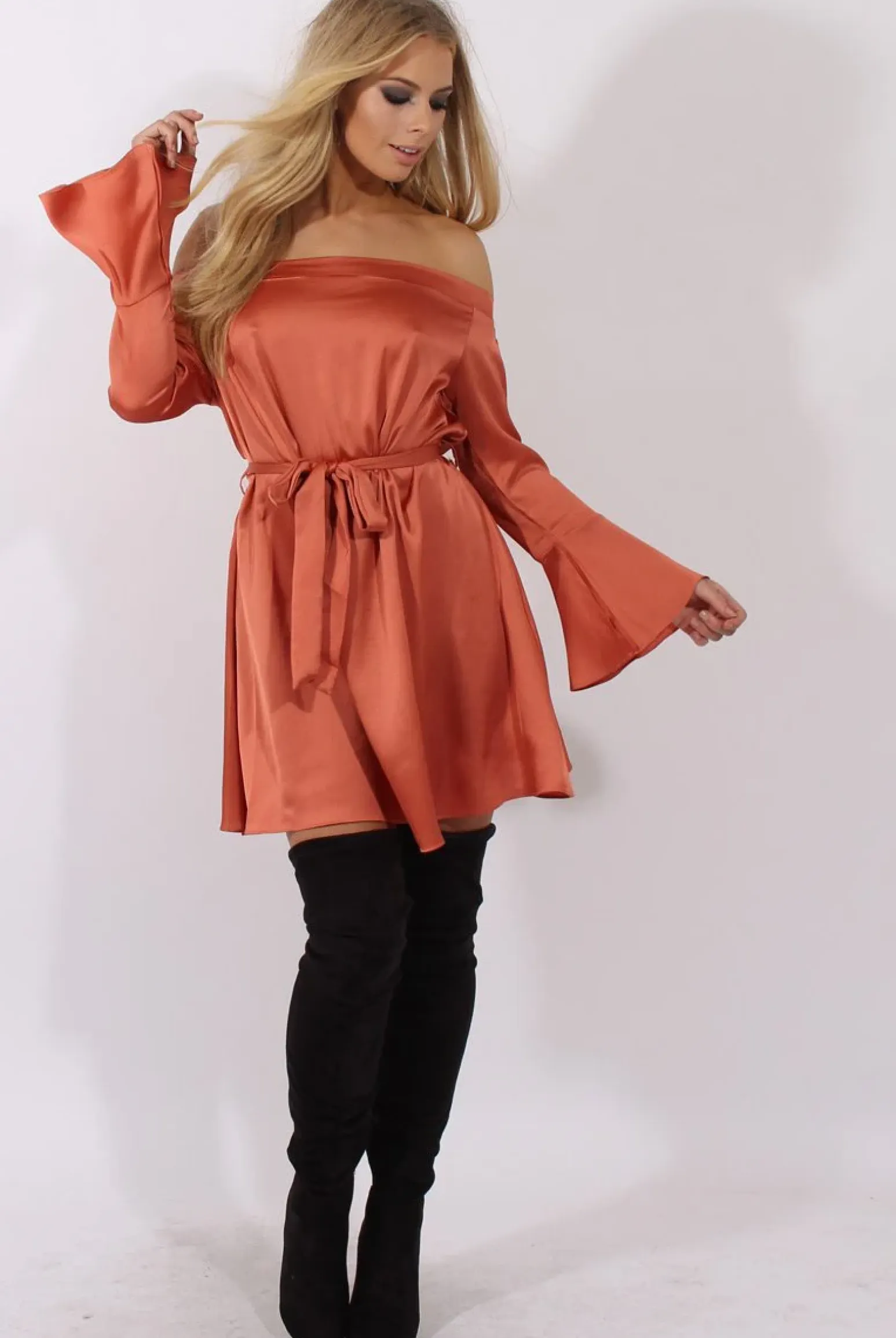 Rebellious Fashion Rust Silky Bardot Tie Waist Dress - Esther
