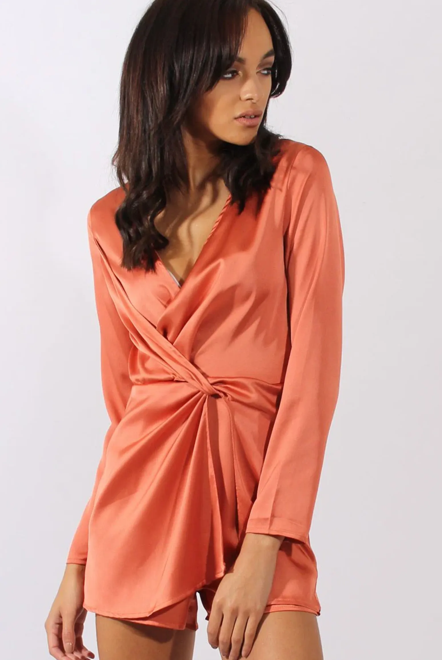 Rebellious Fashion Rust Silky Front Twist Playsuit - Venus