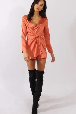 Rebellious Fashion Rust Silky Front Twist Playsuit - Venus