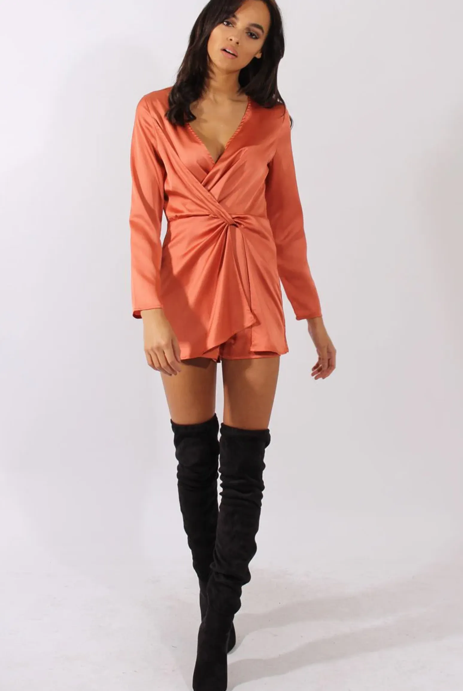 Rebellious Fashion Rust Silky Front Twist Playsuit - Venus