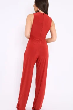 Rebellious Fashion Rust Slinky Low Side Jumpsuit - Ivannah