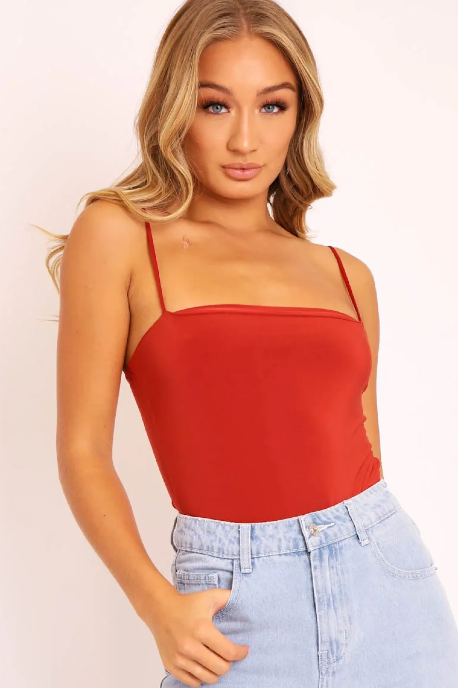 Rebellious Fashion Rust Slinky Square Neck Bodysuit - Sadie