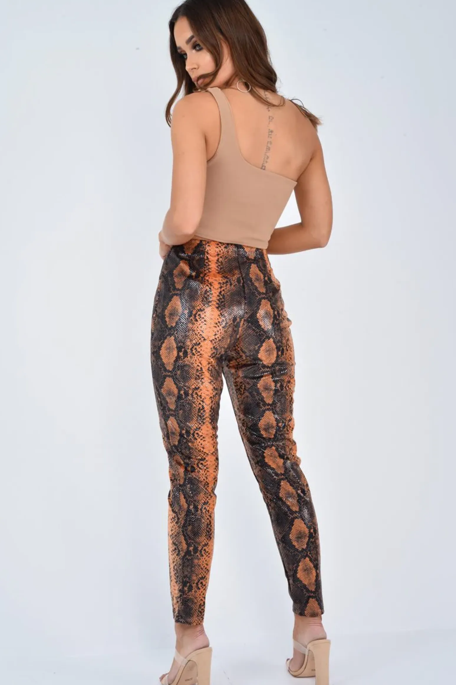 Rebellious Fashion Rust Snake Coated Zip Front Trousers - Destynie
