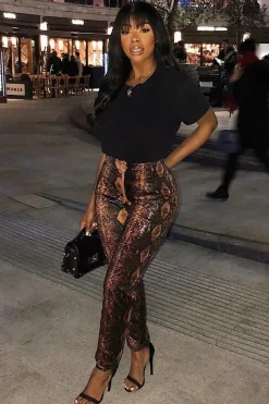 Rebellious Fashion Rust Snake Coated Zip Front Trousers - Destynie