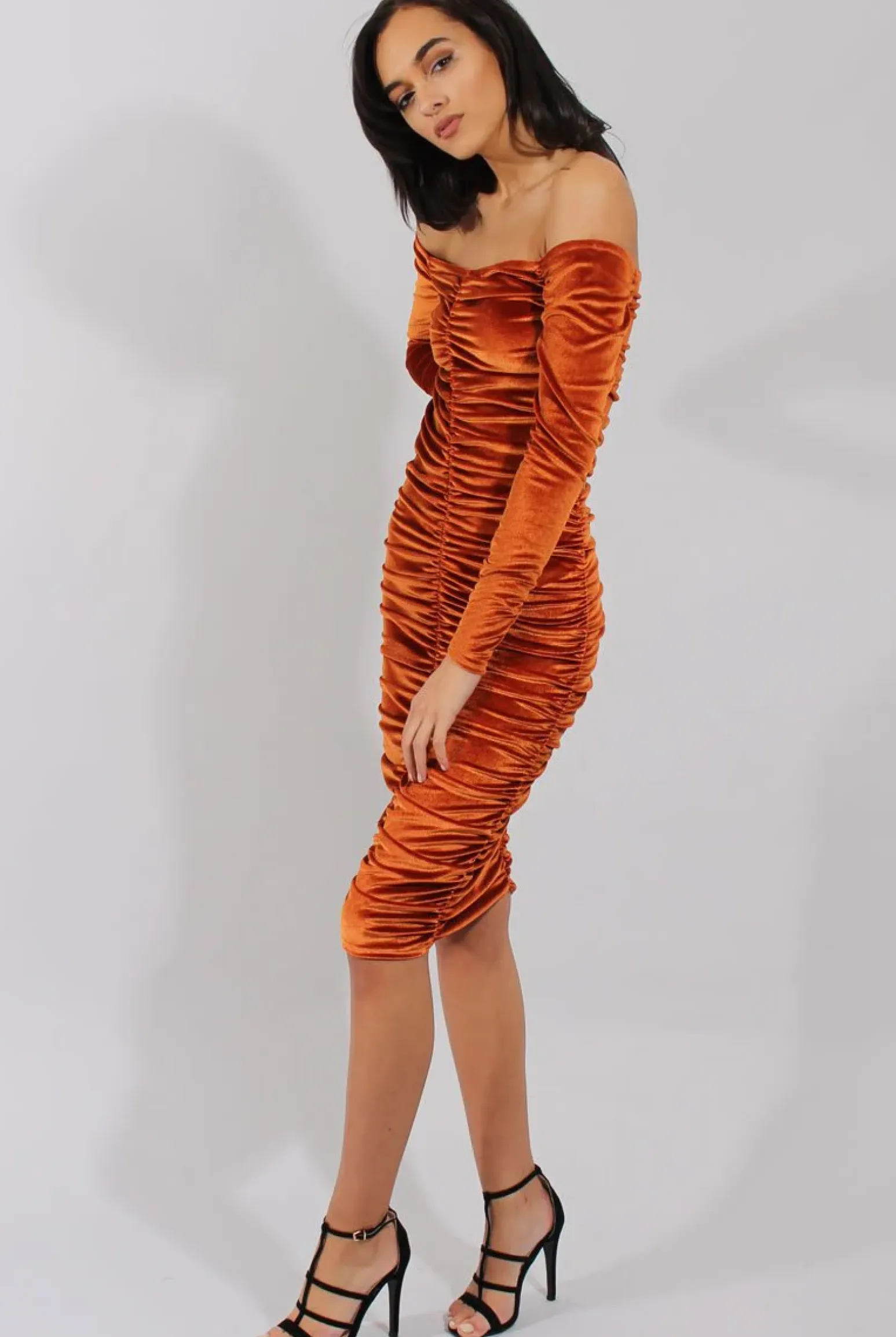 Rebellious Fashion Rust Velvet Ruched Bardot Bodycon Dress - Louise