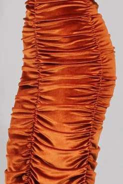 Rebellious Fashion Rust Velvet Ruched Bardot Bodycon Dress - Louise