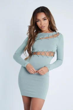Rebellious Fashion Sage Lace Up Detail Mini Dress - Tari