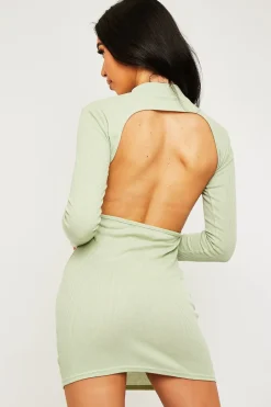 Rebellious Fashion Sage Ribbed Back Cut Out Mini Dress - Eloise
