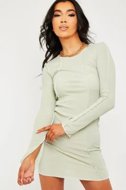 Rebellious Fashion Sage White Contrast Stitch Ribbed Mini Dress - Daniah