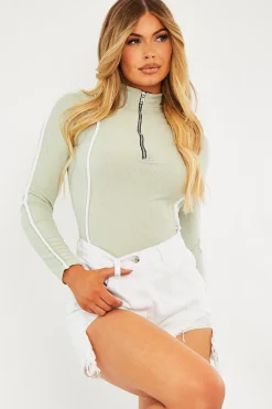 Rebellious Fashion Sage Contrast Piping Zip Front Bodysuit - Betsy