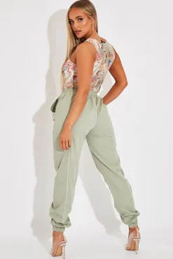 Rebellious Fashion Sage Contrast Stitch Cargo Trousers - Britanny