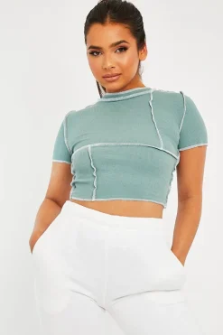 Rebellious Fashion Sage Contrast Stitch Cropped Top - Elna