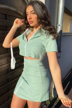 Rebellious Fashion Sage Cord Zip Polo Top and Mini Skirt Co-ord - Iriana